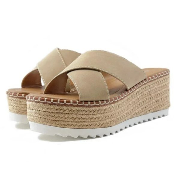 New Taupe Beige Platform Espadrille Slides Wedge Sandals - Main Image